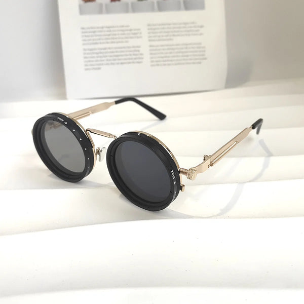 ND2-400 9 Level Adjustable Polarized Sunglasses for Men Round Metal Frame Vintage Punk Driving UV Resistant Dimming Sunglasses