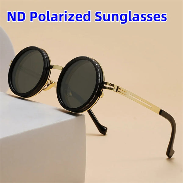 KLASSNUM 9-level ND Adjustable Dimming Glasses Punk Round Fishing Driving Sunglasses UV-Anti Polarized Men ND Filter Eyewear