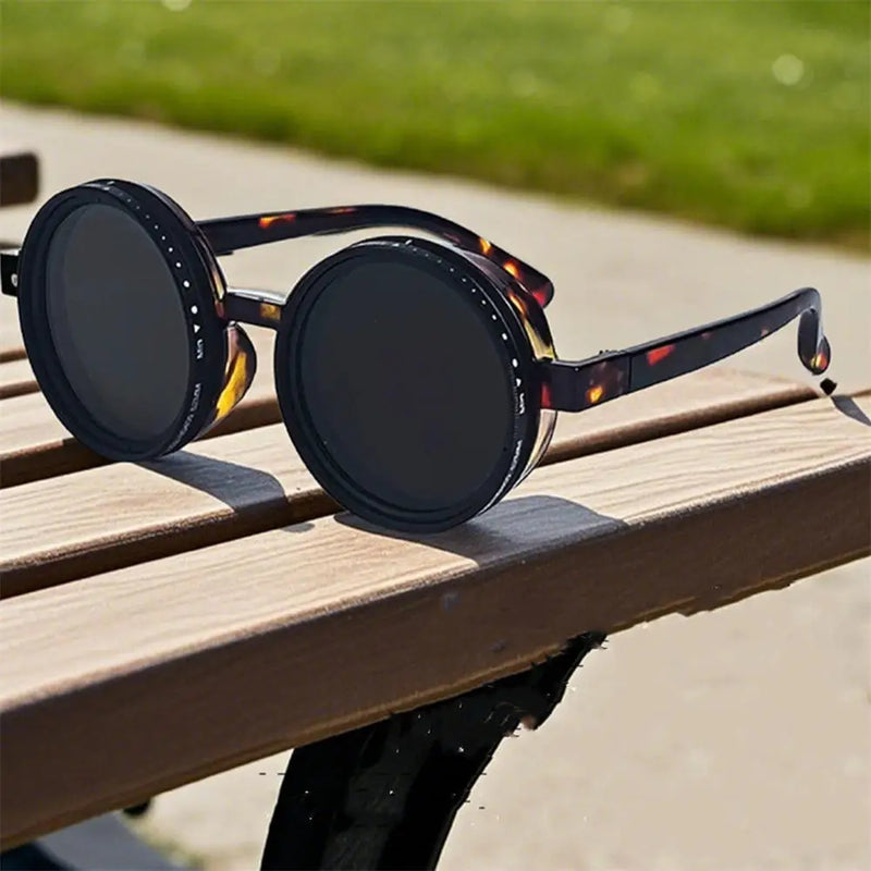 KLASSNUM Handmade ND Adjustable Dimming Sunglasses UV Resistant Fishing Filter Glasses Round Metal Frame HD Polarized Eyewear