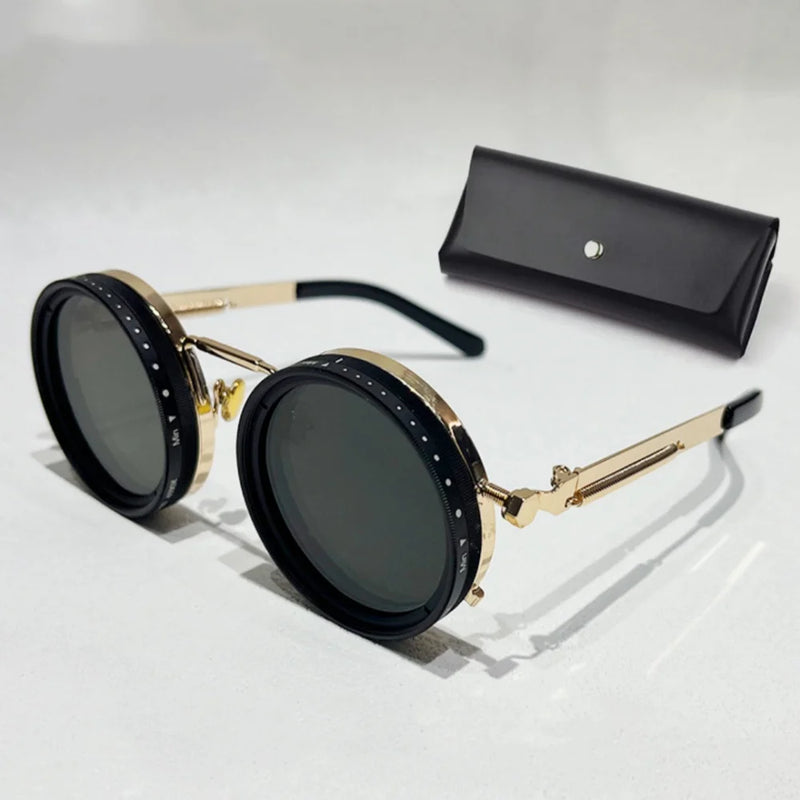 KLASSNUM Handmade ND Adjustable Dimming Sunglasses UV Resistant Fishing Filter Glasses Round Metal Frame HD Polarized Eyewear