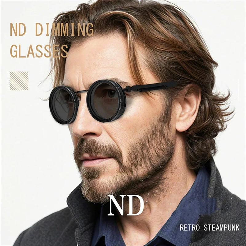 KLASSNUM Handmade ND Adjustable Dimming Sunglasses UV Resistant Fishing Filter Glasses Round Metal Frame HD Polarized Eyewear