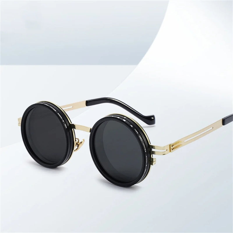 KLASSNUM 9-level ND Adjustable Dimming Glasses Punk Round Fishing Driving Sunglasses UV-Anti Polarized Men ND Filter Eyewear
